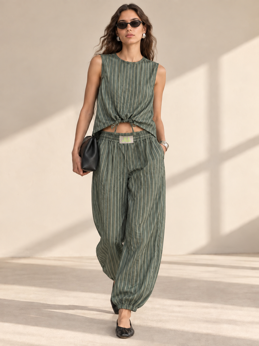 OLIVE STRIPE - TOP DRAPE + PANTALÓN TAPER